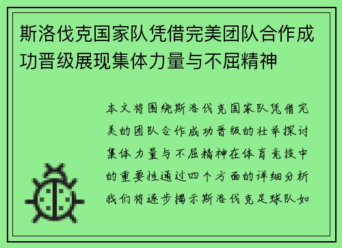 斯洛伐克国家队凭借完美团队合作成功晋级展现集体力量与不屈精神