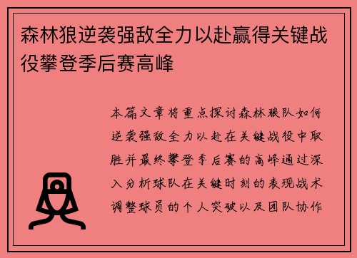 森林狼逆袭强敌全力以赴赢得关键战役攀登季后赛高峰