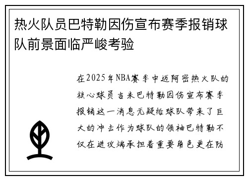 热火队员巴特勒因伤宣布赛季报销球队前景面临严峻考验