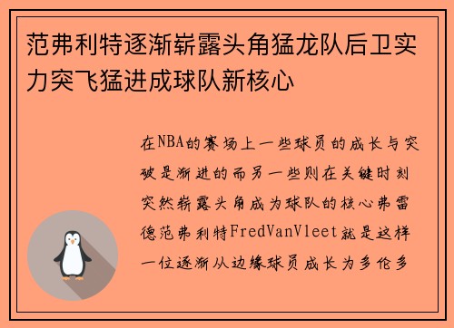 范弗利特逐渐崭露头角猛龙队后卫实力突飞猛进成球队新核心