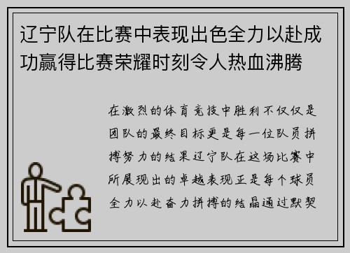 辽宁队在比赛中表现出色全力以赴成功赢得比赛荣耀时刻令人热血沸腾