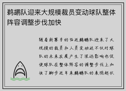 鹈鹕队迎来大规模裁员变动球队整体阵容调整步伐加快
